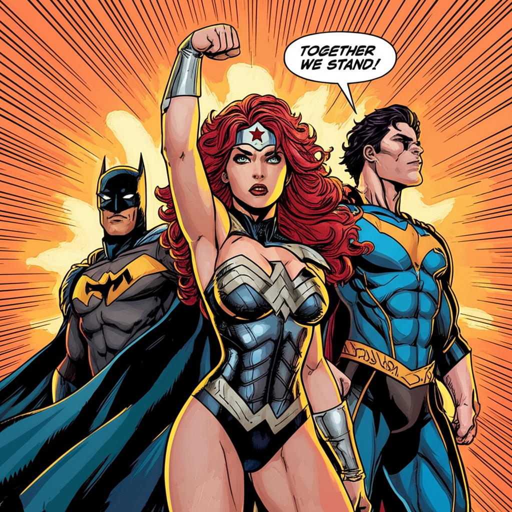 Team Assembly - Professional Comic Panel with Speech Bubbles
